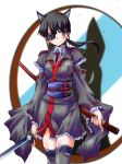  1girl alternate_costume animal_ears belt black_hair blush brown_eyes eyepatch frills katana long_hair necktie ponytail sakamoto_mio scabbard sheath solo strike_witches sword thigh-highs weapon 