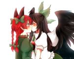  2girls animal_ears black_hair blush braid cat_ears closed_eyes colored couple gomi_(gomitin) hanagoori highres kaenbyou_rin kiss lineart long_hair monochrome multiple_girls red_eyes redhead reiuji_utsuho simple_background touhou twin_braids white_background wings yuri 