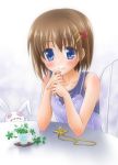  1girl bare_shoulders blue_eyes blush brown_hair chair hair_ornament jewelry lyrical_nanoha mahou_shoujo_lyrical_nanoha mahou_shoujo_lyrical_nanoha_a&#039;s necklace plant schwertkreuz shinozuki_takumi short_hair sitting smile solo stuffed_animal stuffed_bunny stuffed_toy yagami_hayate 