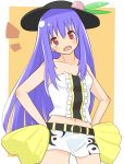  1girl alternate_costume blue_hair cheerleader collarbone food fruit hands_on_hips hat hinanawi_tenshi kuro_monaka open_mouth peach pom_poms red_eyes sleeveless solo touhou 