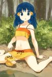  1girl bare_shoulders barefoot bikini blue_eyes blue_hair emunise hair_ornament hairclip hikari_(pokemon) pokemon pokemon_(creature) psyduck sitting swimsuit wariza watering_can 