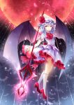  1girl arm_up bat_wings blue_hair dress full_moon hat high_heels moon polearm red_eyes red_moon remilia_scarlet shoes short_hair solo spear spear_the_gungnir stari touhou weapon white_legwear wings 