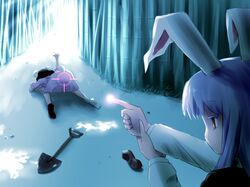  2girls aiming all_fours animal_ears bamboo black_hair bunny_tail dress inaba_tewi long_hair long_sleeves multiple_girls purple_hair rabbit_ears red_eyes reisen_udongein_inaba shirosato short_hair shovel tail top-down_bottom-up touhou worktool 