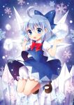  1girl bloomers blue_eyes blue_hair blush bow cirno dress hair_bow ice ice_wings mauve open_mouth ribbon short_hair solo touhou underwear wings 
