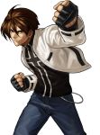  1boy alternate_costume brown_eyes brown_hair fighting_stance fingerless_gloves gloves highres jeans king_of_fighters king_of_fighters_xiii kusanagi_kyou official_art ogura_eisuke open_clothes open_jacket short_hair snk solo transparent_background 