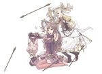  2girls :o absurdres armor arrow blonde_hair blue_eyes blush boots breasts brown_eyes brown_hair brush butterfly cleavage detached_sleeves dress fire_emblem fire_emblem:_kakusei garter_straps gauntlets hair_brush hair_brushing hair_ornament highres kozaki_yuusuke liz_(fire_emblem) long_hair multiple_girls shoes_removed short_dress short_hair short_twintails sitting sumia sweatdrop thigh-highs thigh_boots twintails wariza zettai_ryouiki 