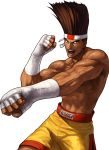  abs big_hair brown_hair dark_skin hachimaki headband highres joe_higashi king_of_fighters king_of_fighters_xiii muscle official_art ogura_eisuke shirtless shorts snk solo transparent_background wrist_wraps 