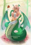  1girl bare_shoulders belt breasts choker cleavage dragon_girl dragon_wings earrings eyepatch gem green_eyes hair_ornament hand_on_hip head_wings jewelry lamia large_breasts loincloth long_hair midriff monster_girl orb pink_hair pixiv_fantasia pixiv_fantasia_new_world pointy_ears rocknroll sakazuki sake scales solo tail_ring wings 