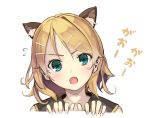  1girl animal_ears aqua_eyes blonde_hair blush cat_ears close-up face fang hair_ornament hairclip itsutsuse kagamine_rin looking_at_viewer open_mouth sailor_collar short_hair simple_background solo translation_request vocaloid white_background 