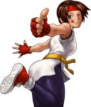  1girl ;p breasts brown_eyes brown_hair dougi fingerless_gloves gloves headband highres king_of_fighters king_of_fighters_xiii loose_socks official_art ogura_eisuke shoes short_hair sneakers snk socks solo spandex thumbs_up tongue transparent_background wink yuri_sakazaki 