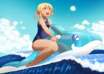  1girl blonde_hair clouds hair_ribbon open_mouth ponytail red_eyes ribbon rumia shirane_koitsu short_hair smile solo sun surfing swimsuit tan touhou water waving 