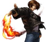  1boy belt brown_eyes brown_hair buckle finger_gun fingerless_gloves fire gloves highres jeans king_of_fighters king_of_fighters_xiii kusanagi_kyou leather_jacket official_art ogura_eisuke open_clothes open_jacket short_hair snk solo thumb_in_pocket transparent_background 