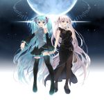  2girls aqua_eyes aqua_hair boots china_dress chinese_clothes hair_ribbon hand_on_own_chest hatsune_miku headset highres holding_hands long_hair mabinogi multiple_girls nao ribbon sky star_(sky) starry_sky thigh-highs thigh_boots twintails very_long_hair vocaloid white_hair 
