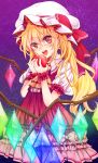  1girl apple ascot blonde_hair blush bow dress flandre_scarlet food fruit glowing glowing_wings hat hat_bow highres looking_at_viewer open_mouth puffy_sleeves red_dress red_eyes rim_(kingyoorigin) shirt short_sleeves side_ponytail smile solo touhou wings wrist_cuffs 
