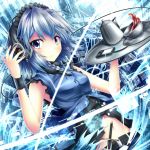  1girl album_cover alternate_costume blue blue_eyes blue_hair braid cover headphones izayoi_sakuya knife maid_headdress media_player navel roman_numerals short_hair silver_hair sleeveless solo tea_set touhou tray ugume 