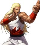  1boy andy_bogard blonde_hair blue_eyes fighting_stance flame_print hair_down highres king_of_fighters long_hair muscle official_art ogura_eisuke sleeveless snk solo transparent_background vambraces 