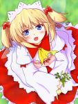  1girl ascot blonde_hair blue_eyes blush dress fang from_above headdress kazenonegura looking_up open_mouth solo sunny_milk touhou twintails wings 