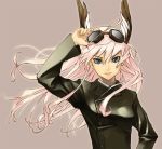  1girl animal_ears blue_eyes fujimo_ruru goggles grey_background hanna-justina_marseille jacket long_hair pink_hair rabbit_ears smile solo strike_witches 