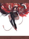  1girl absurdres black_hair black_legwear dual_wielding feathers highres kishiyo long_hair mole panties pixiv_fantasia pixiv_fantasia_new_world red_eyes red_shoes shoes single_thighhigh solo sword thigh-highs underwear very_long_hair weapon white_panties 