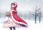  1girl alternate_costume apron basket brown_hair cape capelet dress emia_wang forest hair_tubes hakurei_reimu hood little_red_riding_hood little_red_riding_hood_(cosplay) long_sleeves looking_at_viewer nature pink_eyes snow snowing solo touhou turning white_dress winter 