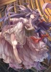 1girl bare_legs book bookshelf bow breasts crescent fal_maro floating flying hair_bow hat highres library long_hair patchouli_knowledge payot purple_hair socks solo touhou very_long_hair violet_eyes voile white_legwear 
