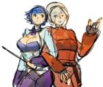  1boy 1girl ash_crimson blonde_hair blue_eyes blue_hair breasts cleavage cleavage_cutout elizabeth_blanchtorche fingerless_gloves freckles gloves hair_over_one_eye hairband hetero huge_breasts king_of_fighters locked_arms lowres muse_(rainforest) nail_polish riding_crop short_hair sketch 