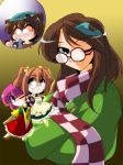  3girls ;3 ^_^ alternate_hair_length alternate_hairstyle apron brown_eyes brown_hair chibi closed_eyes dual_persona futatsuiwa_mamizou glasses hair_bobbles hair_ornament hieda_no_akyuu japanese_clothes kieyza kimono leaf leaf_on_head motoori_kosuzu multiple_girls open_mouth orange_hair purple_hair sake scarf smile speech_bubble touhou twintails violet_eyes wink 