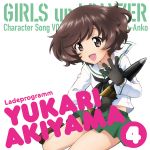  1girl akiyama_yukari album_cover black_legwear brown_eyes brown_hair cover english german girls_und_panzer gloves holding messy_hair miniskirt name_tag neckerchief official_art pleated_skirt school_uniform serafuku shoes short_hair skirt smile socks solo tank_shell title_drop 