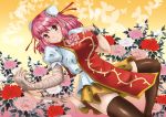  1girl bandages blouse breasts butterfly cuffs double_bun flower gradient gradient_background hand_on_own_chest ibaraki_kasen jingoro large_breasts leaf manacles open_hand payot pink_hair pink_rose puffy_short_sleeves puffy_sleeves reclining red_eyes red_rose rose short_hair short_sleeves skirt smile solo tabard thigh-highs touhou white_rose 