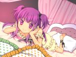  1girl barefoot bed curtains kurarin lying on_stomach original pajamas pillow purple_hair smile solo twintails violet_eyes 