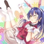 1girl ;d animal_ears ankle_boots argyle blue_hair blush bow bowtie checkered earrings fake_animal_ears gloves heart heart_earrings heirou jewelry long_hair looking_at_viewer love_live!_school_idol_project open_mouth outstretched_arm polka_dot rabbit_ears smile solo sonoda_umi thigh-highs white_legwear wink yellow_eyes 