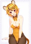  1girl alternate_costume animal_ears bare_shoulders black_hair black_legwear blonde_hair blush breasts cleavage clothed_navel detached_collar large_breasts multicolored_hair nnyara open_mouth pantyhose short_hair sitting solo tail tiger_ears tiger_tail toramaru_shou touhou two-tone_hair wrist_cuffs 