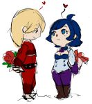 1boy 1girl ahoge animal_crossing arms_behind_back ash_crimson blonde_hair blue_eyes blue_hair boots bouquet breasts cleavage cleavage_cutout cravat elizabeth_blanchtorche flower freckles gift heart hetero king_of_fighters muse_(rainforest) pantyhose parody short_hair style_parody