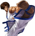  1boy barefoot brown_eyes brown_hair dougi fingerless_gloves gloves highres kicking kim_kaphwan king_of_fighters king_of_fighters_xiii muscle official_art ogura_eisuke short_hair snk soles solo transparent_background 