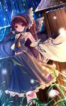  1girl alternate_color armpits bai_kongque bamboo bow brown_hair building capelet choker detached_sleeves fireflies flower grass hair_bow hair_tubes hakurei_reimu long_hair looking_at_viewer meimu midriff parted_lips red_eyes skirt skirt_set solo touhou wind 