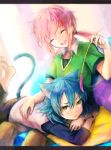  2boys animal_ears cat_ears cat_tail closed_eyes green_eyes inazuma_eleven_(series) inazuma_eleven_go kariya_masaki kirino_ranmaru multiple_boys on_lap pink_hair rhe-rhe tail 