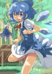 2girls bare_legs barefoot blue_dress blue_eyes blue_hair bow cirno daiyousei dress fairy_wings green_eyes green_hair hair_bow hair_ribbon hand_to_own_mouth highres ice ice_wings multiple_girls open_mouth puffy_sleeves ribbon shirt short_sleeves side_ponytail smile taishi_(moriverine) touhou tree wings 