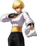  1girl blonde_hair blue_eyes bowtie breasts fingerless_gloves gloves handkerchief highres king_(snk) king_of_fighters king_of_fighters_xiii large_breasts official_art ogura_eisuke outstretched_hand sash shirt short_hair smile snk solo transparent_background 