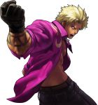  1boy black_gloves blonde_hair blue_eyes ear_studs earrings gloves highres jewelry king_of_fighters king_of_fighters_xiii muscle necklace official_art ogura_eisuke open_clothes open_shirt shen_woo snk solo tan tattoo transparent_background 