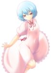  1girl alternate_costume blue_hair dress lace-trimmed_dress looking_at_viewer pink_dress puffy_sleeves red_eyes remilia_scarlet ribbon short_hair short_sleeves simple_background solo touhou tsukishiro_kou white_background 