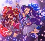  2girls arm_warmers bike_shorts blue_rose boots brooch circlet cure_dream cure_fleuret earrings flower frills fujimo_ruru hair_rings jewelry long_hair magical_girl milky_rose mimino_kurumi multiple_girls pink_eyes pink_hair precure purple_background purple_hair red_rose rose shoes shorts_under_skirt skirt smile two_side_up violet_eyes yes!_precure_5 yumehara_nozomi 