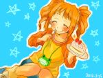  1girl blush cake closed_eyes eating food idolmaster mori_88 orange_hair smile solo takatsuki_yayoi twintails 