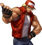  1boy baseball_cap belt blonde_hair blue_eyes fingerless_gloves gloves hand_on_hip hat highres jeans king_of_fighters king_of_fighters_xiii long_hair male muscle official_art ogura_eisuke open_vest ponytail sleeveless snk solo terry_bogard transparent_background unzipped 