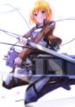  1girl blonde_hair blue_eyes christa_renz dual_wielding highres long_hair motion_blur pants shingeki_no_kyojin short_hair sword swordsouls three-dimensional_maneuver_gear weapon 