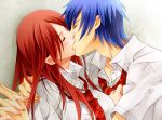  1boy 1girl blue_hair blush closed_eyes contemporary couple erza_scarlet fairy_tail hetero interlocked_fingers jellal_fernandes kiss kuzukiri5 long_hair necktie redhead school_uniform short_hair 