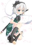  1girl blush bow green_eyes hairband konpaku_youmu konpaku_youmu_(ghost) scabbard sheath sheathed short_hair silver_hair skirt skirt_set solo squatting su-suke sword touhou weapon 