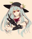  1girl black_gloves blue_hair bust food fruit gloves hat hinanawi_tenshi index_finger_raised long_hair peach red_eyes shiren_(monochrome_structure) simple_background smile solo touhou 