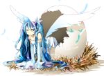  1girl blue_eyes blue_hair detached_sleeves egg eggshell feathers hatching hatsune_miku hoshino_kisora long_hair nest solo strap_slip twintails very_long_hair vocaloid wings 
