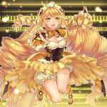  1girl antenna_hair armor big_hair blonde_hair bloomers boots bow breasts bridal_gauntlets cleavage dress drill_hair frills fusion large_breasts light_particles long_hair solo suika01 underwear very_long_hair vividred_operation vividyellow yellow_eyes 