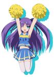  1girl arms_up blue_eyes cheerleader highres hoshino_sora little_busters!! long_hair navel pom_poms purple_hair sasasegawa_sasami skirt thigh-highs twintails wink 